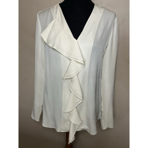 Theory "Jastrid" 100% silk Ivory ruffle front V neck pullover blouse Top Small - Picture 1 of 7